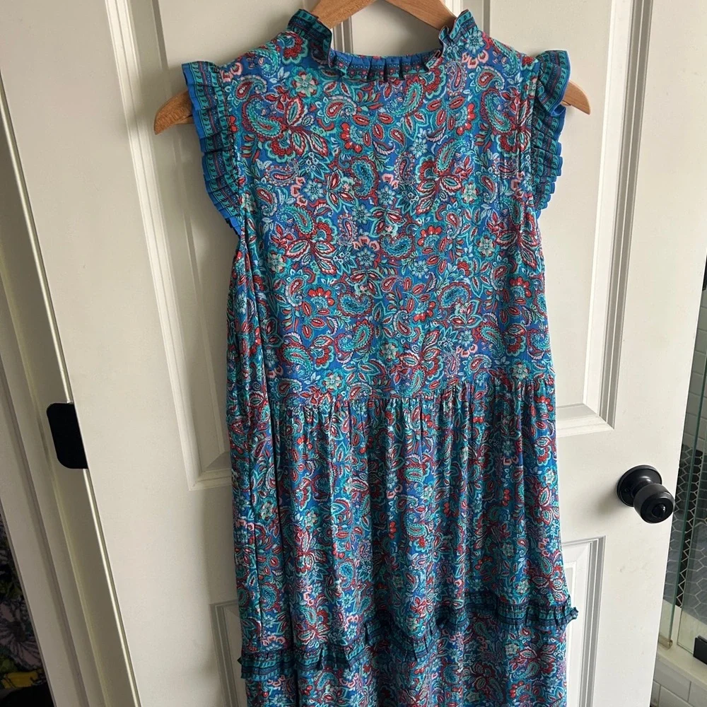 EUC J Jill blue/teal paisley dress. Size Small. Ruffles. Lightweight and flowy - Picture 5 of 12